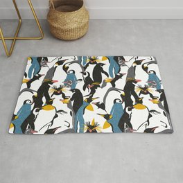 We love penguins // black white grey dark teal yellow and coral type species of penguins (King, African, Emperor, Gentoo, Galápagos, Macaroni, Adèlie, Rockhopper, Yellow-eyed, Chinstrap) Rug