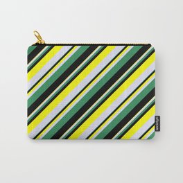 [ Thumbnail: Sea Green, Black, Yellow, and Lavender Colored Stripes Pattern Carry-All Pouch ]