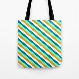 [ Thumbnail: Aquamarine, Goldenrod, White & Teal Colored Pattern of Stripes Tote Bag ]