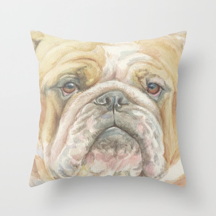 Bully ENGLISH BULLDOG FACE Dog portrait Watercolor painting  Cute Pet decor for Dog Lover Throw Pillow