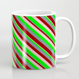 [ Thumbnail: Slate Gray, Dark Red, Light Pink, and Lime Colored Stripes/Lines Pattern Coffee Mug ]