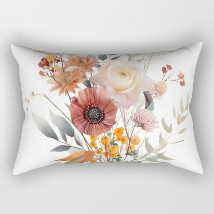 Boho Floral Botanical Print with Shades of Rose, Peach, Yellow, Beige White and Blue Rectangular Pillow