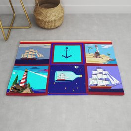 A Nautical Quilt with Ships, Lighthouses and Anchors Rug