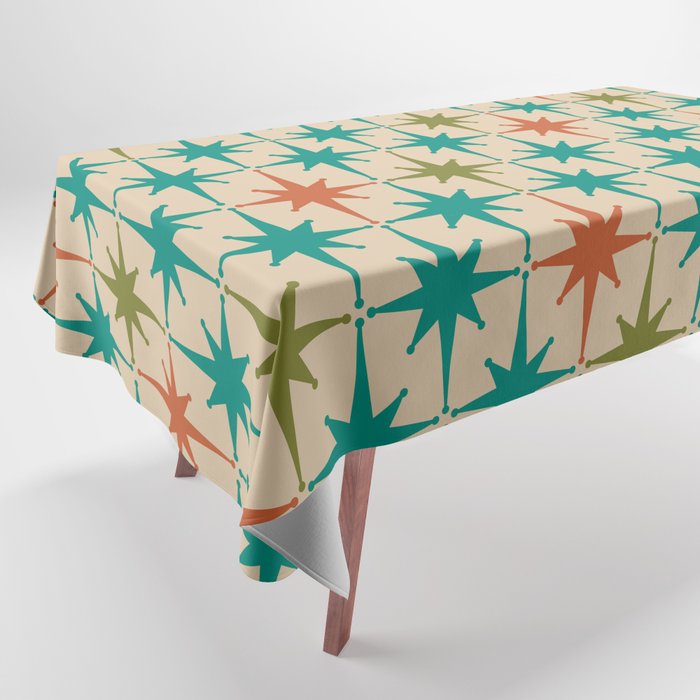 Atomic Age Retro Starburst Mid-century Modern Pattern in Mid Mod Turquoise, Orange, Olive, and Beige Tablecloth