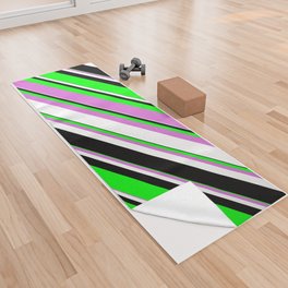 [ Thumbnail: Lime, Orchid, White & Black Colored Lined/Striped Pattern Yoga Towel ]
