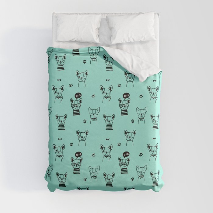 Seafoam and Black Hand Drawn Dog Puppy Pattern Duvet Cover