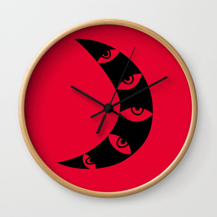 Black Crescent Moon on Red Wall Clock