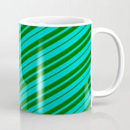 [ Thumbnail: Dark Turquoise & Dark Green Colored Lined/Striped Pattern Coffee Mug ]
