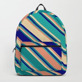 [ Thumbnail: Vibrant Dark Salmon, Tan, Dark Cyan, Dark Blue, and Light Sea Green Colored Striped/Lined Pattern Backpack ]