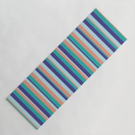 [ Thumbnail: Light Sea Green, Dark Slate Blue, Powder Blue, and Dark Salmon Colored Striped Pattern Yoga Mat ]