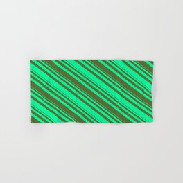 [ Thumbnail: Dark Olive Green and Green Colored Lines Pattern Hand & Bath Towel ]