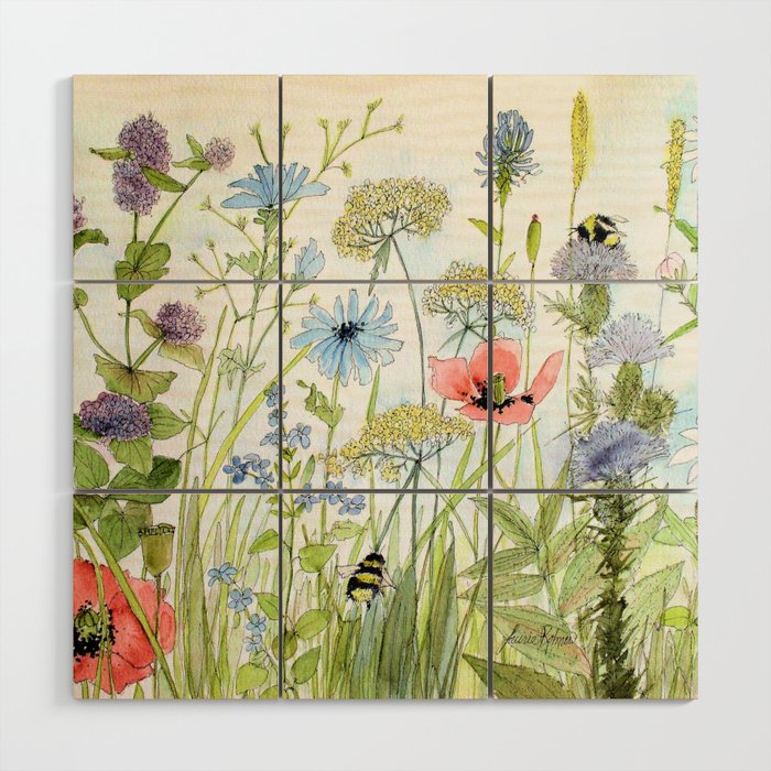Floral Watercolor Botanical Cottage Garden Flowers Bees Nature Art