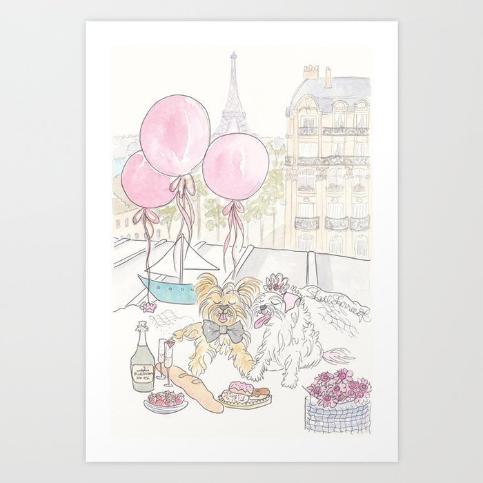 Puppy Dogs Paris Rooftop Picnic Romance Art Print