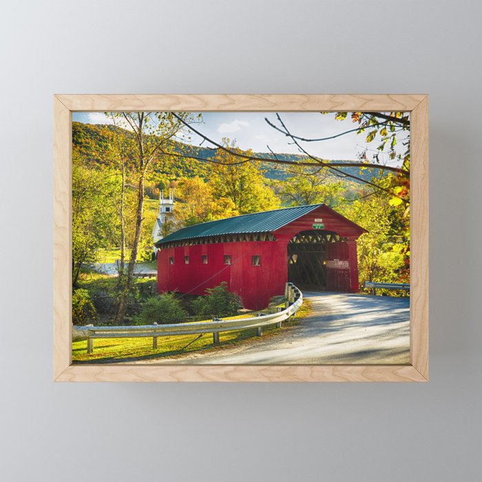Red Covered Bridge and a Church, Vermont Framed Mini Art Print