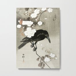 Raven on Cherry tree - Japanese vintage woodblock print Metal Print