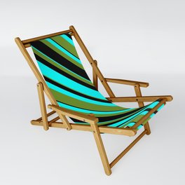 [ Thumbnail: Green, Black, and Aqua Colored Lined Pattern Sling Chair ]