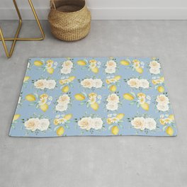 Lemons and White Flowers Pattern On Pale Blue Background Area & Throw Rug
