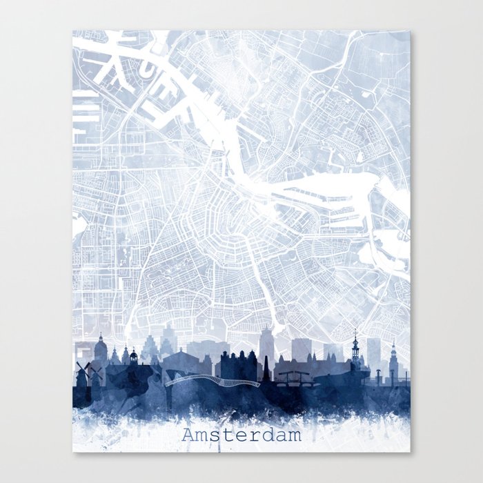 Amsterdam Skyline Map Watercolor Navy Blue, Print by Zouzounio Art Canvas Print