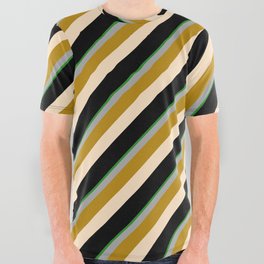 [ Thumbnail: Eyecatching Forest Green, Dark Grey, Dark Goldenrod, Bisque & Black Colored Lines Pattern All Over Graphic Tee ]
