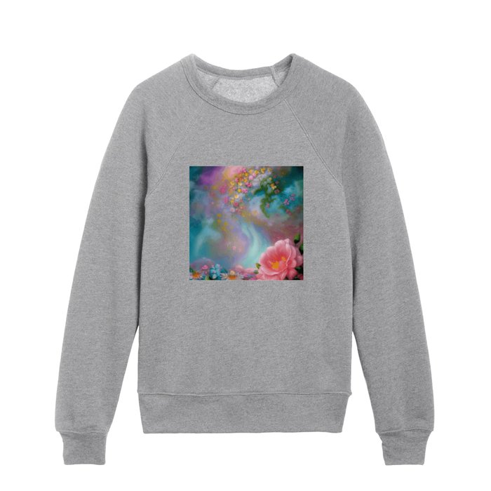 Fantasy Flowers Painted In Pink And Turquoise Watercolor Vintage Botanical Garden Flowers Kids Crewneck
