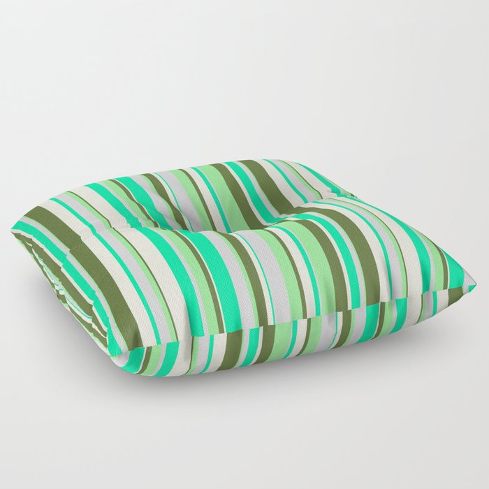 Vibrant Green, Light Grey, Light Green, Dark Olive Green, and Beige Colored Stripes/Lines Pattern Floor Pillow