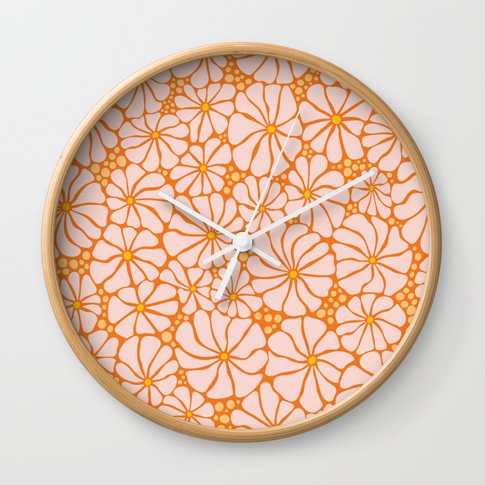 Groovy Wavy Daisy Flowers Daisies Retro Vintage Pink orange Wall Clock