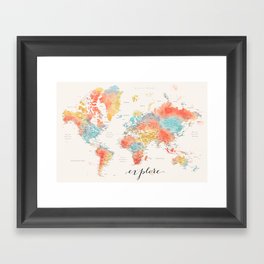 "Explore" - Colorful watercolor world map with cities Framed Art Print