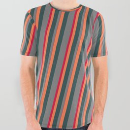 [ Thumbnail: Coral, Dark Slate Gray, Grey, and Crimson Colored Pattern of Stripes All Over Graphic Tee ]