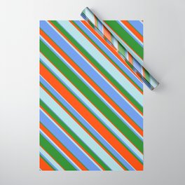 [ Thumbnail: Cornflower Blue, Forest Green, Red, and Powder Blue Colored Lines Pattern Wrapping Paper ]