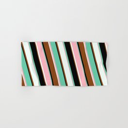 [ Thumbnail: Colorful Aquamarine, Light Pink, Mint Cream, Brown & Black Colored Lined/Striped Pattern Hand & Bath Towel ]