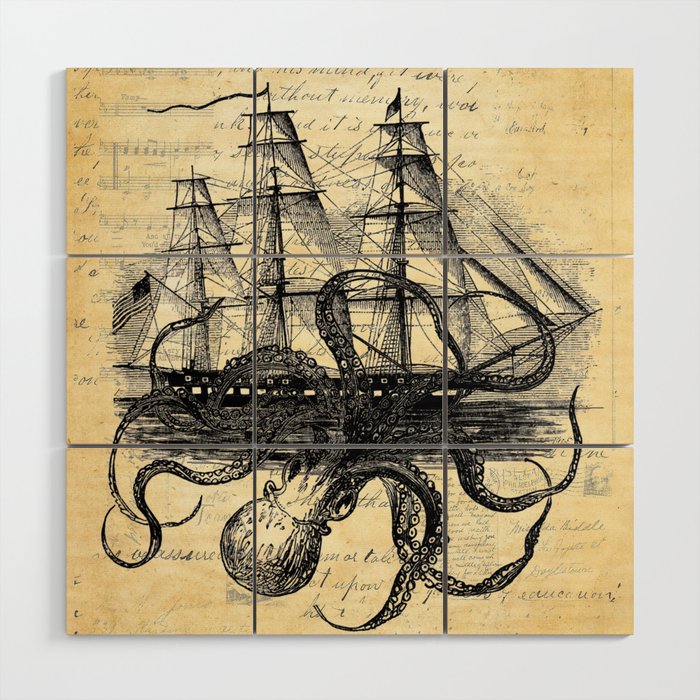 Kraken Octopus Attacking Ship Multi Collage Background Wood Wall Art