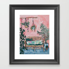 Rattan Bench in Painterly Pink Jungle Room Framed Art Print