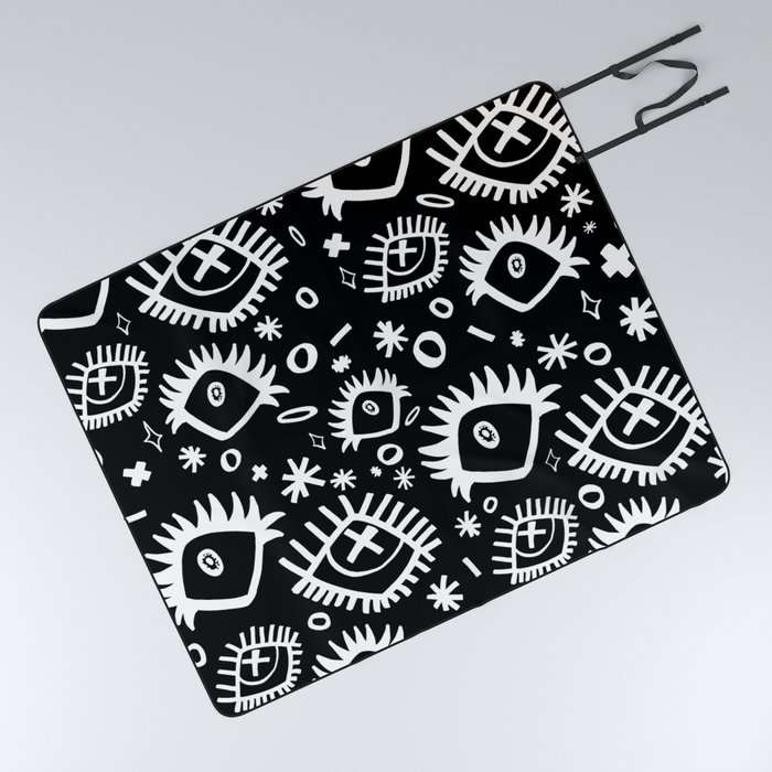 Black and White Trippy Doodle Eye Pattern Picnic Blanket