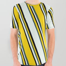 [ Thumbnail: Yellow, Dark Slate Gray, Mint Cream & Black Colored Stripes/Lines Pattern All Over Graphic Tee ]