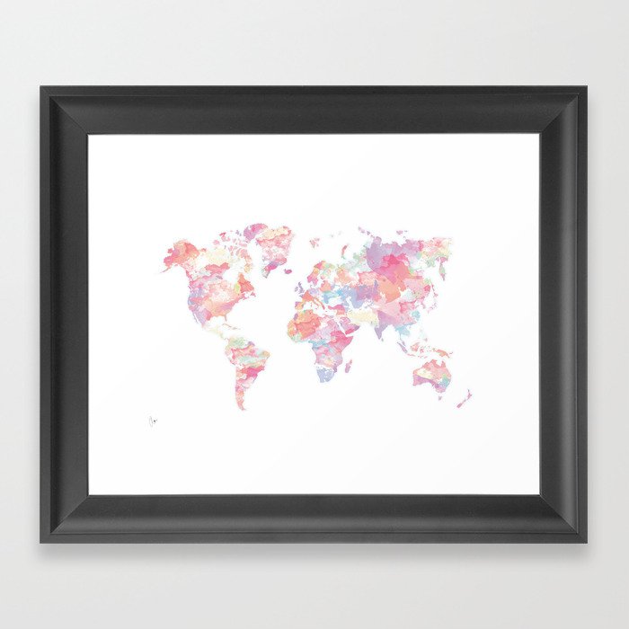 Watercolour World Map (pink) Framed Art Print
