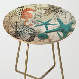 french botanical art seahorse teal green starfish Side Table