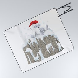 Winter Design - Kawaii Little Yeti With Santa Hat on Snowy Mountain Picnic Blanket