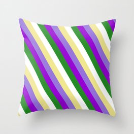 [ Thumbnail: Colorful Tan, Purple, Dark Violet, Forest Green, and White Colored Stripes/Lines Pattern Throw Pillow ]
