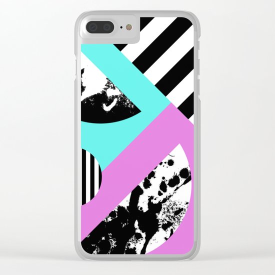Stripes And Splats 2 - Random, Crazy, Abstract, Geometric, Black And White, Cyan, Pink Artwork Clear iPhone Case