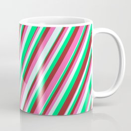 [ Thumbnail: Green, Brown, Hot Pink & Light Cyan Colored Striped Pattern Coffee Mug ]