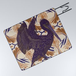 Open winged pelican bird on pattern background - purple Picnic Blanket