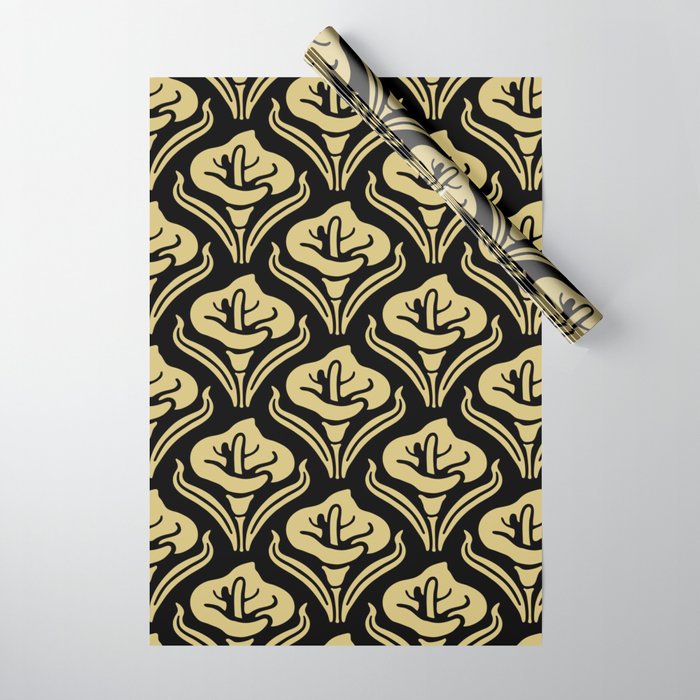 Calla Lily Pattern Black and Gold Wrapping Paper by Tony Magner