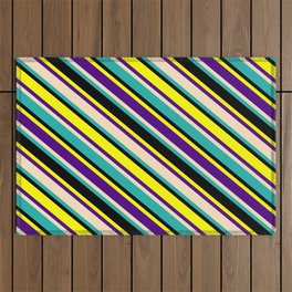 [ Thumbnail: Eyecatching Yellow, Indigo, Bisque, Light Sea Green, and Black Colored Lined Pattern Outdoor Rug ]