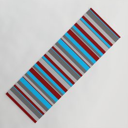 [ Thumbnail: Grey, Dim Grey, Deep Sky Blue & Dark Red Colored Stripes Pattern Yoga Mat ]