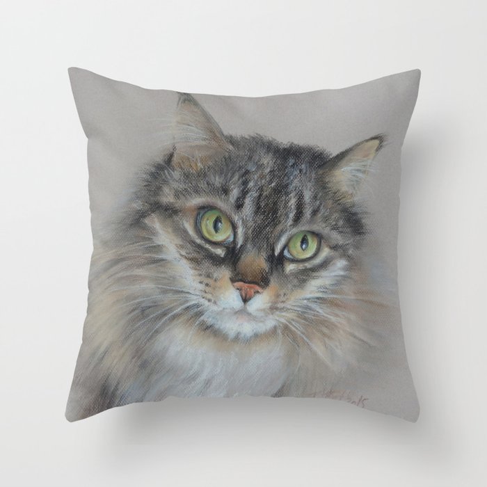 Tabby Cat Maine Coon Portrait Pastel Drawing On The Grey