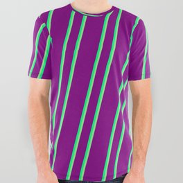[ Thumbnail: Purple, Green & Light Green Colored Lined/Striped Pattern All Over Graphic Tee ]