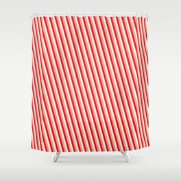 [ Thumbnail: Light Salmon, Crimson & Beige Colored Lined Pattern Shower Curtain ]