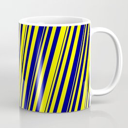 [ Thumbnail: Yellow and Dark Blue Colored Striped Pattern Coffee Mug ]