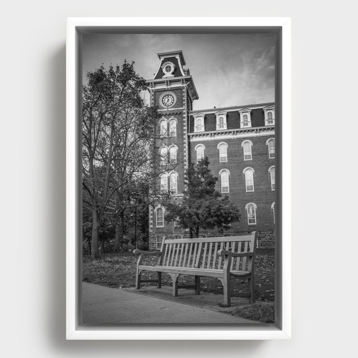 Razorback Campus Bench And Old Main - Black and White Framed Canvas