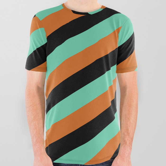Black, Aquamarine, and Chocolate Colored Pattern of Stripes All Over Graphic Tee
